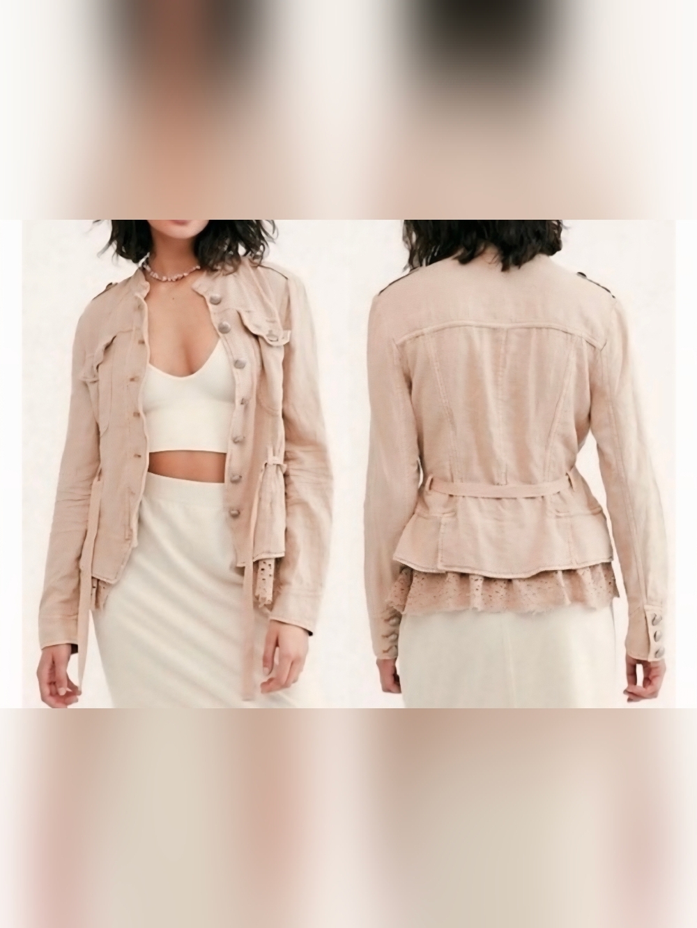 FREE PEOPLE Linen Steampunk Military Marching Band Lace Ruffle Jacket Boho S